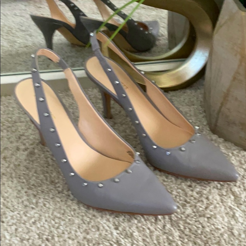 Grey studded slingback heels